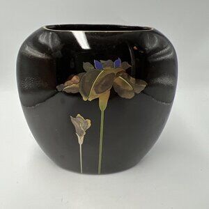 OTAGIRI Golden Iris Vase Pillow Shape Gloss Black Ceramic Pearlized Trim 4.5"